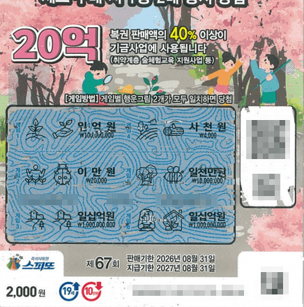 스피또2000 67회 강원 강릉시 슈퍼맨편의점 1등 복권 1